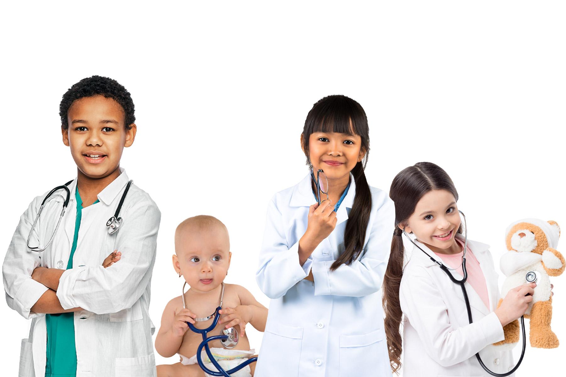 Children dressed as young doctors with stethoscopes