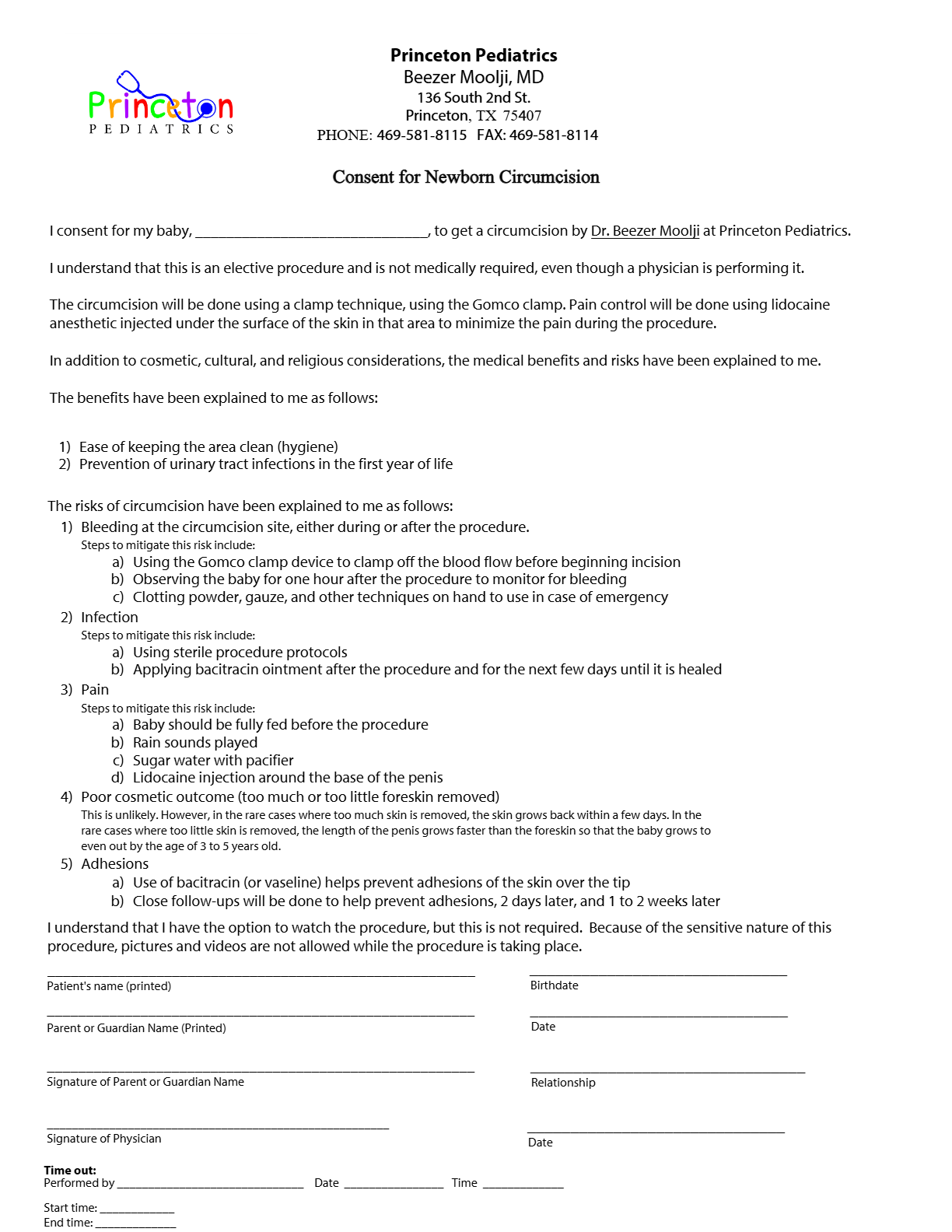 First page of the Newborn Circumcision Consent form