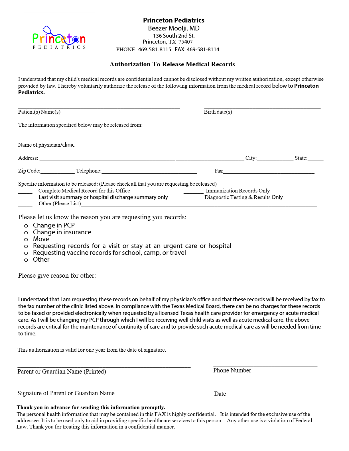 First page of the Medical Records Release Form