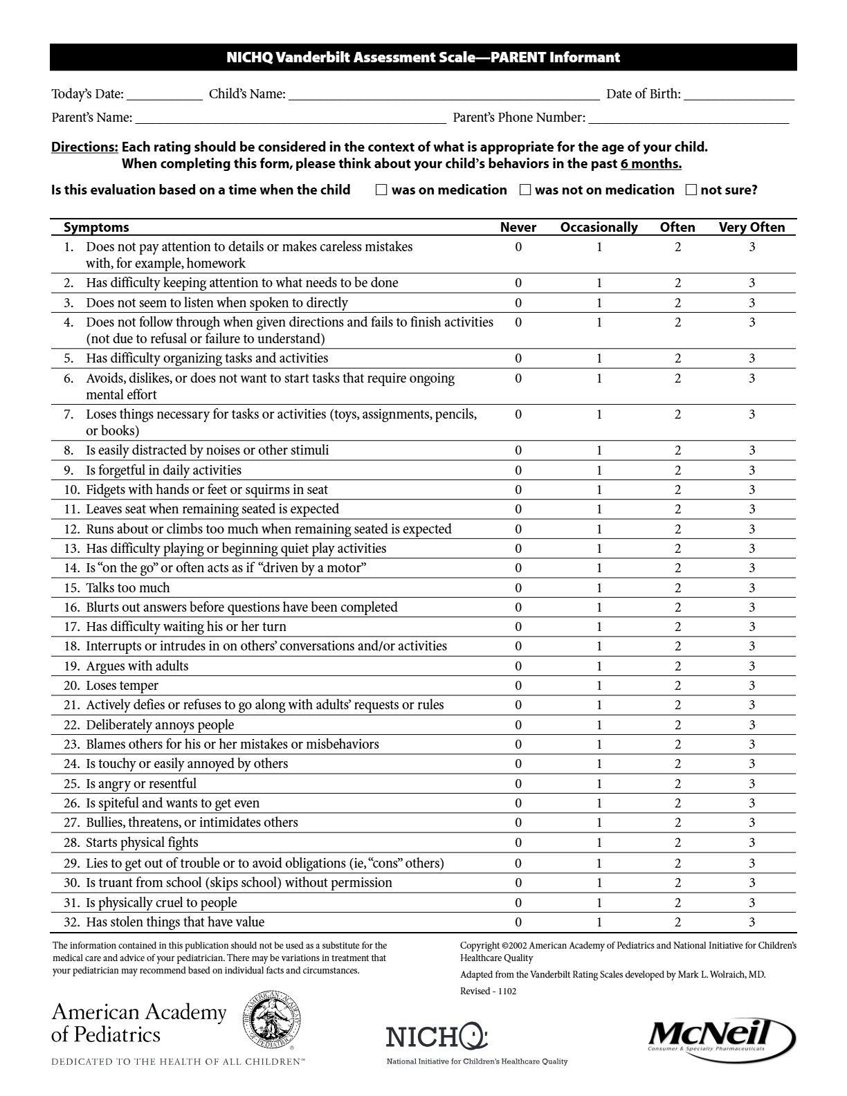 First page of the Vanderbilt ADHD Assessment Scale